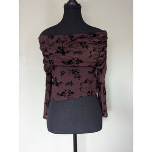 M & E Sheer Floral Off Shoulder Long Sleeve Layered Mesh Top - Brown - L